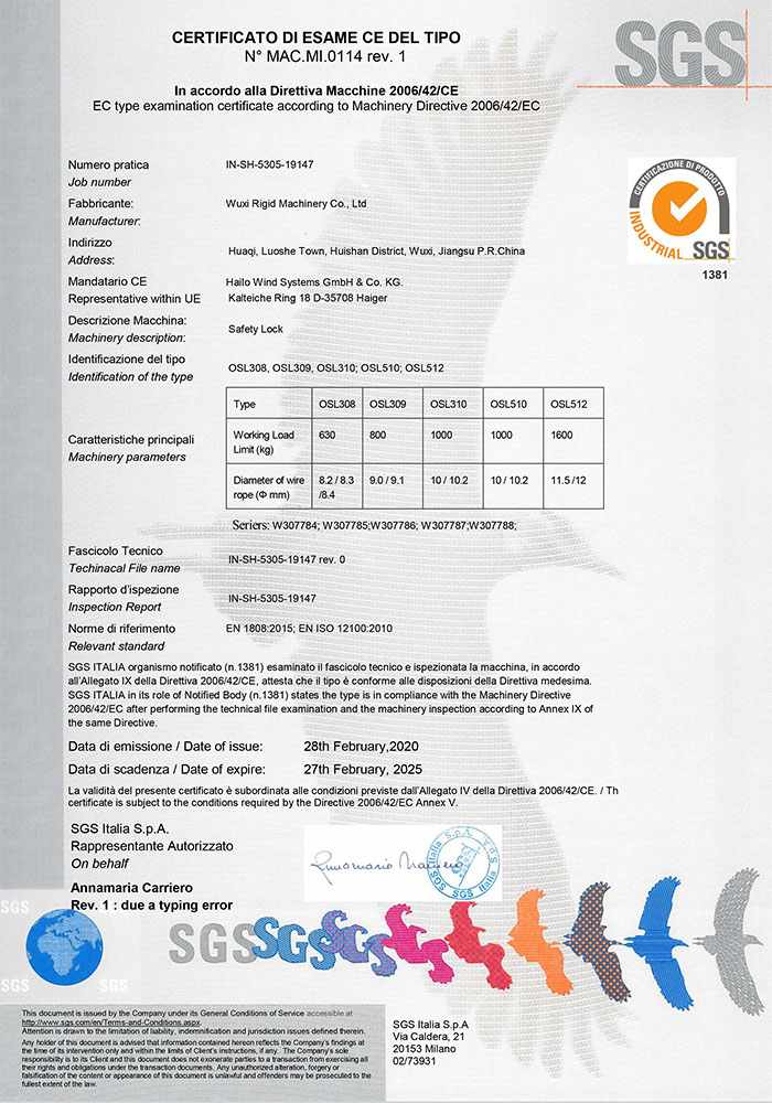 Centrifugal lock SGS CE certificate