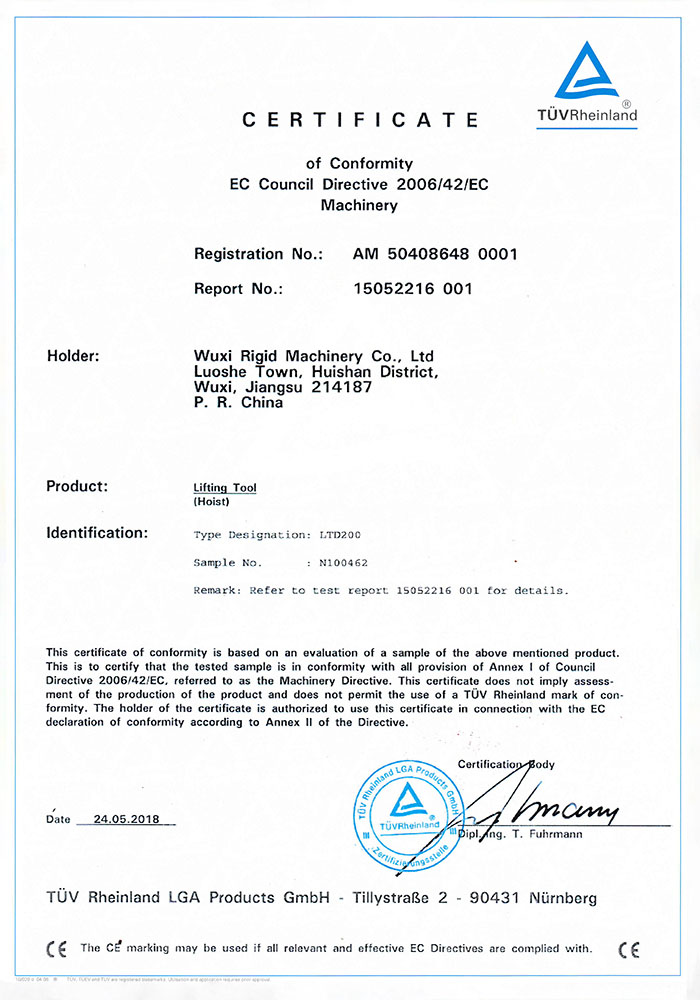 2T TUV certificate for hoist