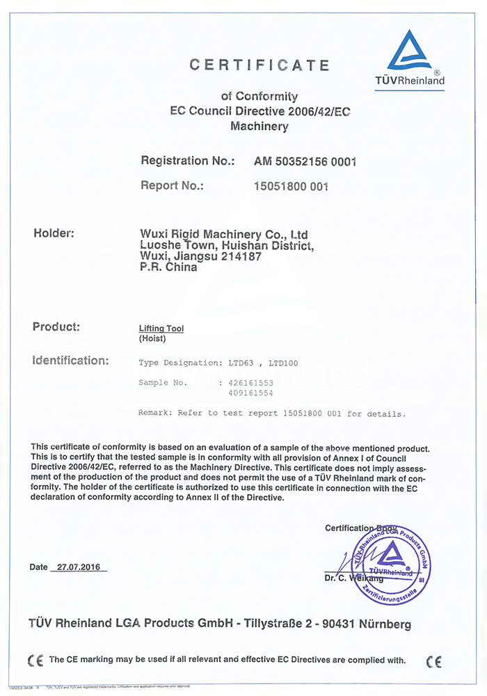 Lift TUV certificate